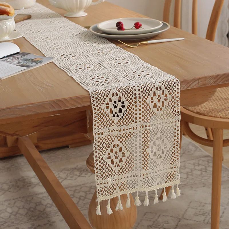 Vintage Beige Crochet Lace Table Runner With Tassels Farmhouse Cotton Blend Table Decor For Weddin 8