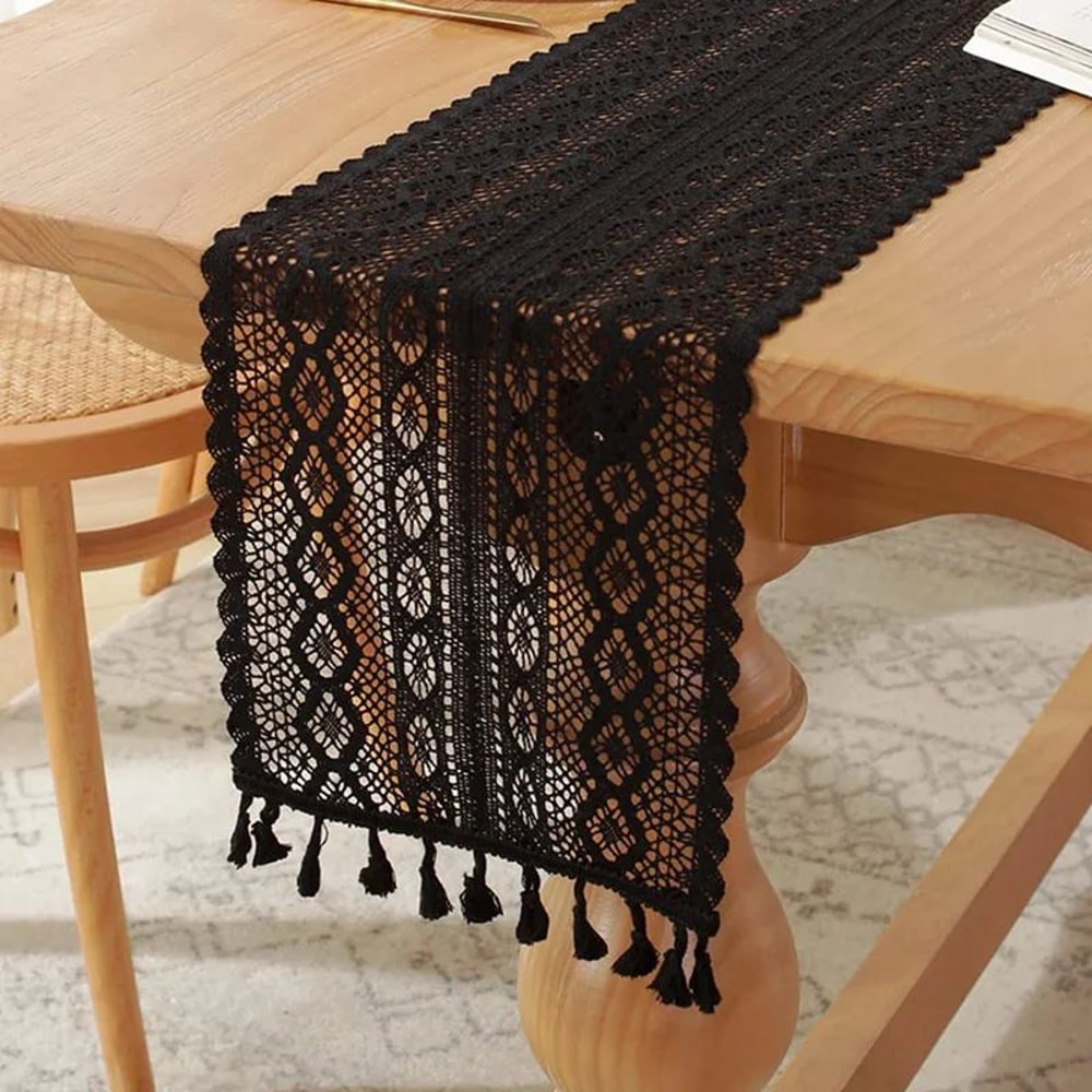 Vintage Beige Crochet Lace Table Runner With Tassels Farmhouse Cotton Blend Table Decor For Weddin 9