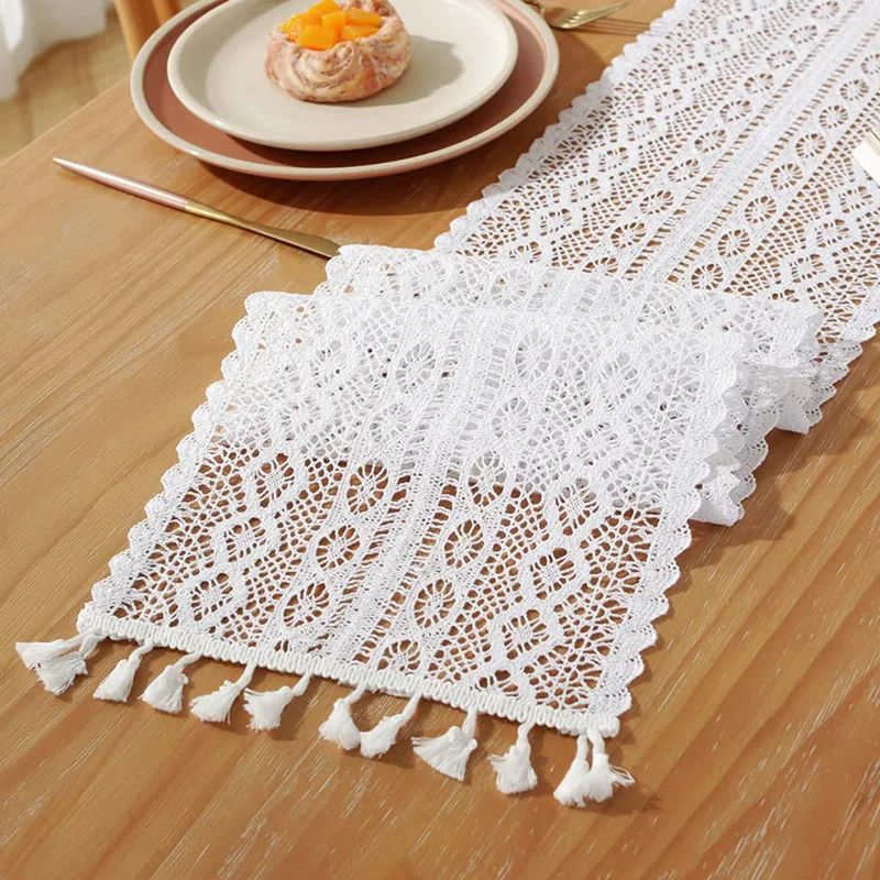 Vintage Beige Crochet Lace Table Runner With Tassels Farmhouse Cotton Blend Table Decor For Weddin 10