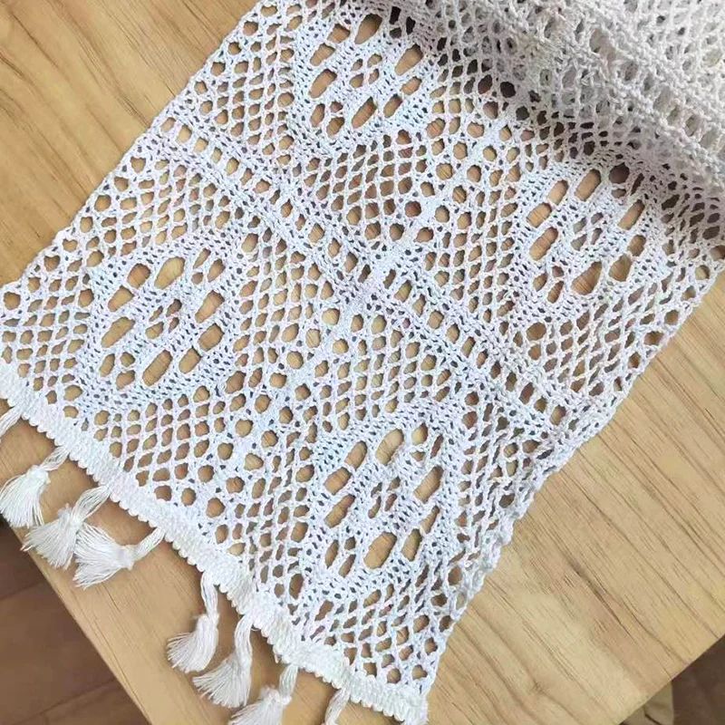 Vintage Beige Crochet Lace Table Runner With Tassels Farmhouse Cotton Blend Table Decor For Weddin 11