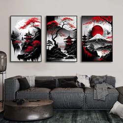 3pcs vintage japanese landscape canvas wall art prints – oriental black & red home decor posters