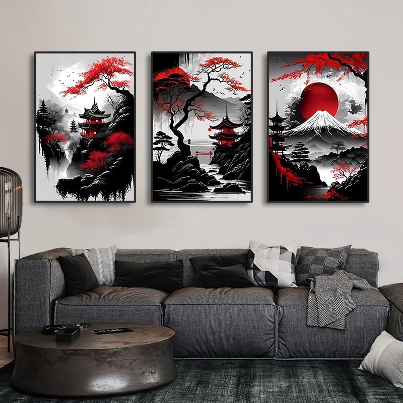 3pcs Vintage Japanese Landscape Canvas Wall Art Prints Oriental Black Red Home Decor Posters 0