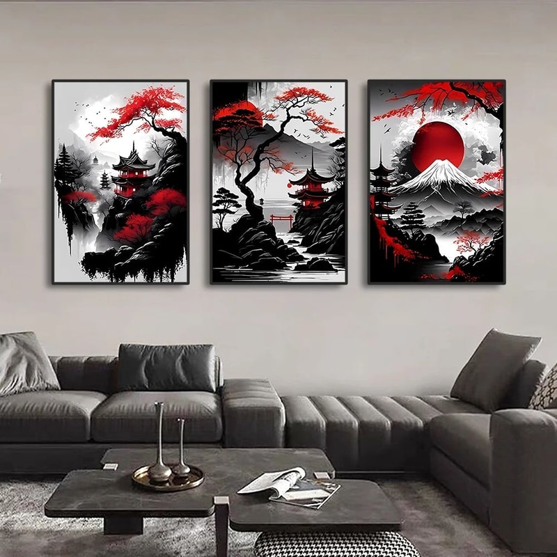 3pcs Vintage Japanese Landscape Canvas Wall Art Prints Oriental Black Red Home Decor Posters 7