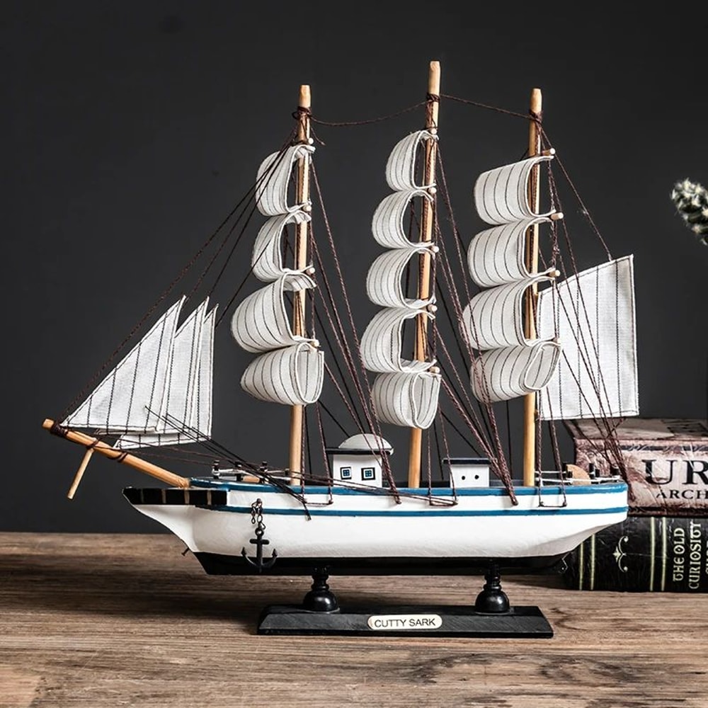 Wooden Sailboat Model Decor Mediterranean Style Nautical Home Ornament 2