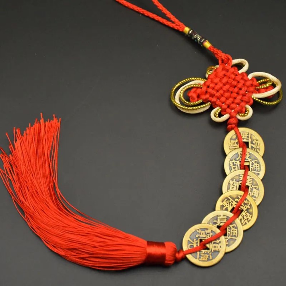 Chinese Knot Lucky Charm With Five Emperors Coins Feng Shui Prosperity Protection Decor 0