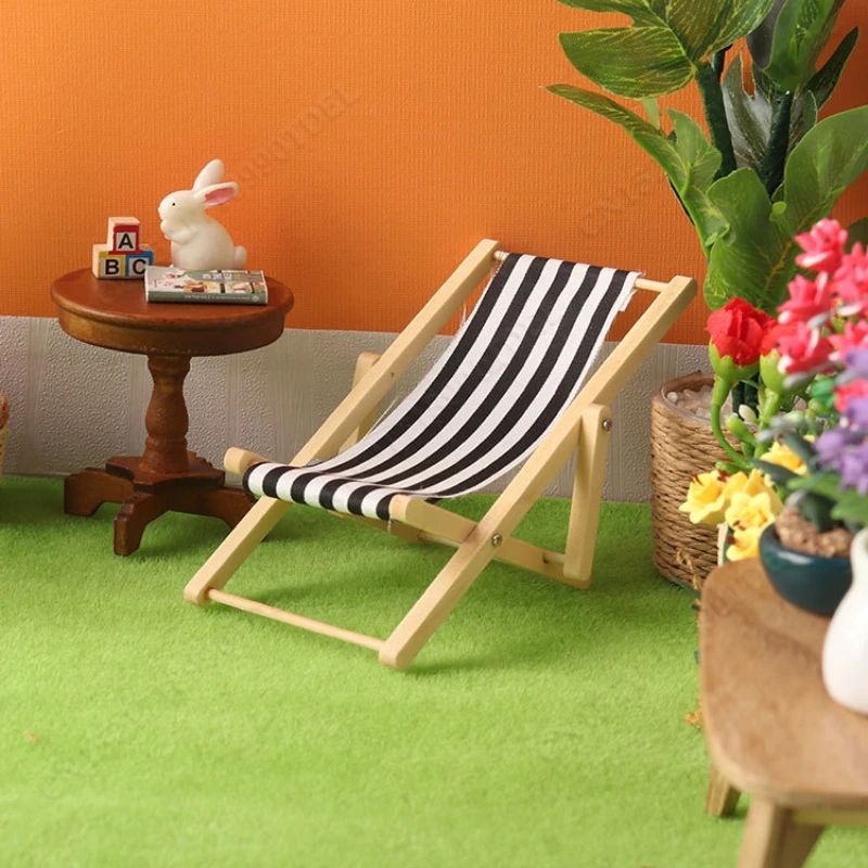 Mini Wooden Dollhouse Beach Chair Outdoor Reclining Miniature Furniture Accessory 2