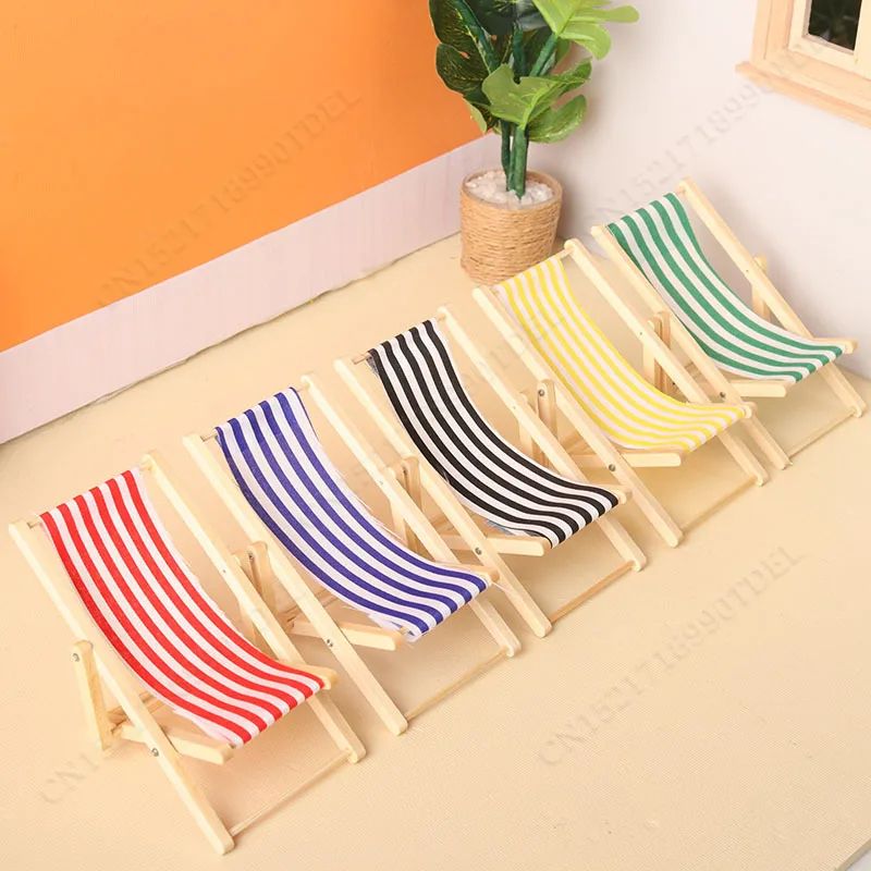 Mini Wooden Dollhouse Beach Chair Outdoor Reclining Miniature Furniture Accessory 3