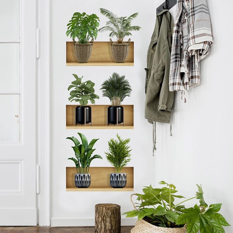 3pcs Green Plant Wall Sticker Set Modern Potted Plant PVC Wall Decals 2