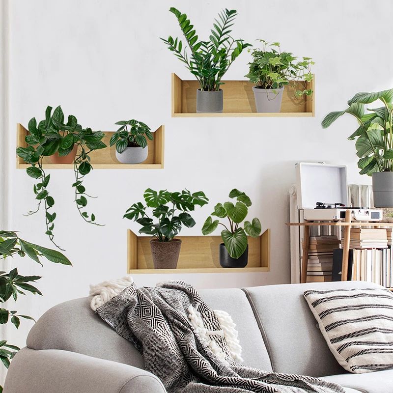 3pcs Green Plant Wall Sticker Set Modern Potted Plant PVC Wall Decals 5