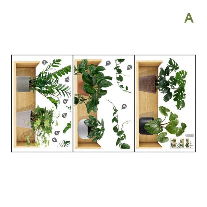 3pcs Green Plant Wall Sticker Set Modern Potted Plant PVC Wall Decals 6