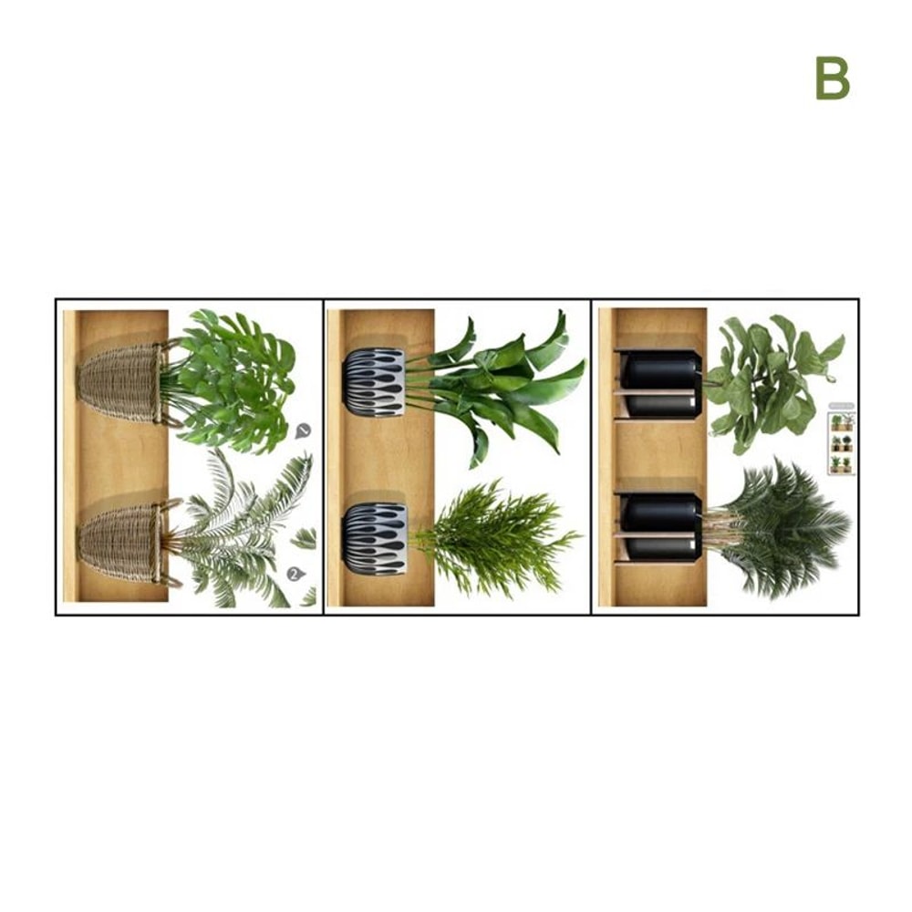 3pcs Green Plant Wall Sticker Set Modern Potted Plant PVC Wall Decals 7