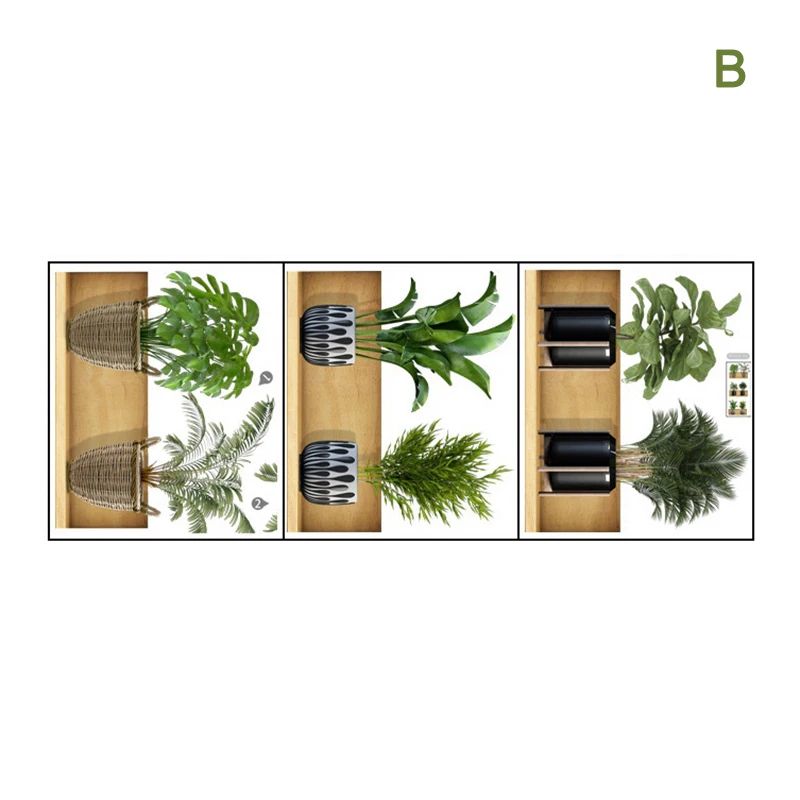 3pcs Green Plant Wall Sticker Set Modern Potted Plant PVC Wall Decals 7