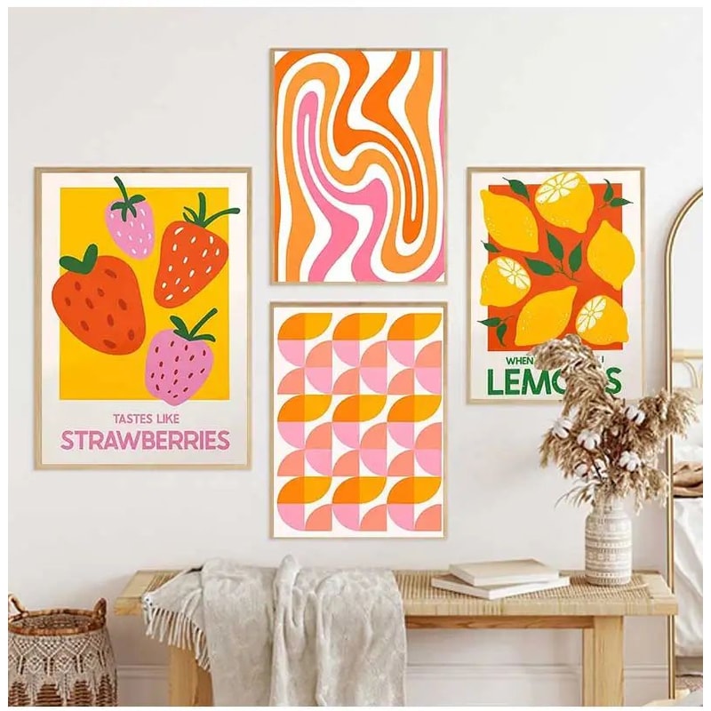Pink Strawberry Lemon Cocktail Canvas Poster Retro Kitchen Bar Wall Art 0