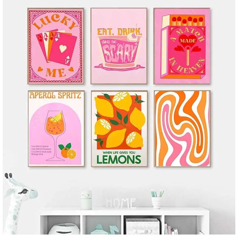 Pink Strawberry Lemon Cocktail Canvas Poster Retro Kitchen Bar Wall Art 4