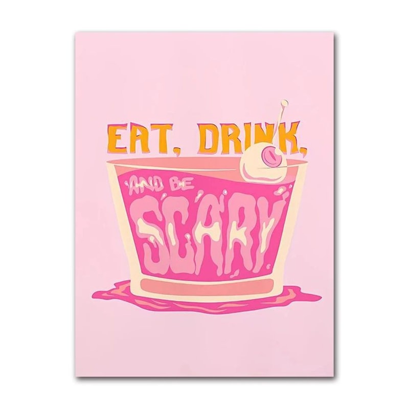 Pink Strawberry Lemon Cocktail Canvas Poster Retro Kitchen Bar Wall Art 6