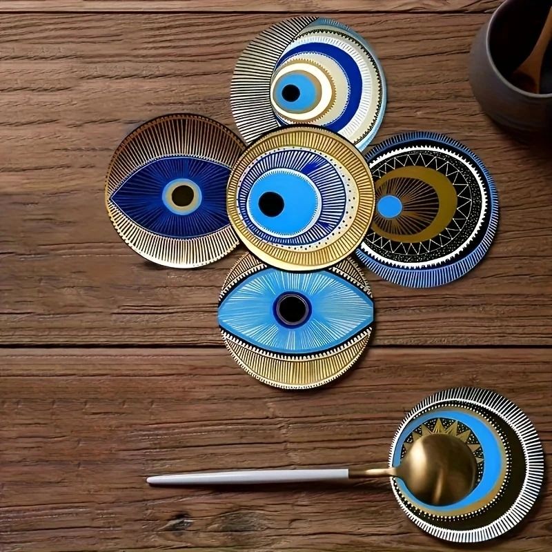 6Piece Evil Eye Wooden Coaster Set Modern Insulated Coffee Cup Mats For Home Decor 1