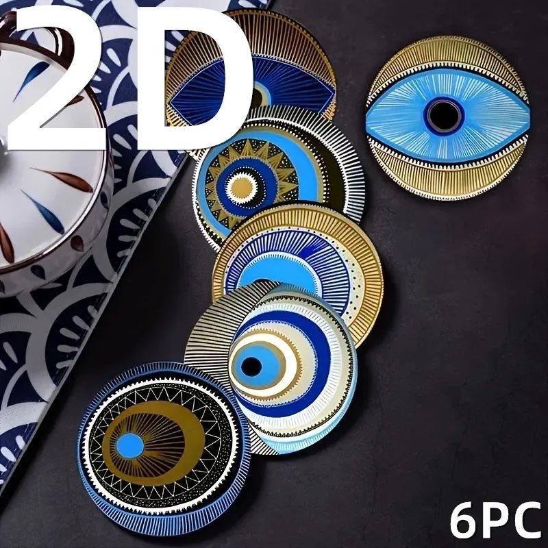 6Piece Evil Eye Wooden Coaster Set Modern Insulated Coffee Cup Mats For Home Decor 5