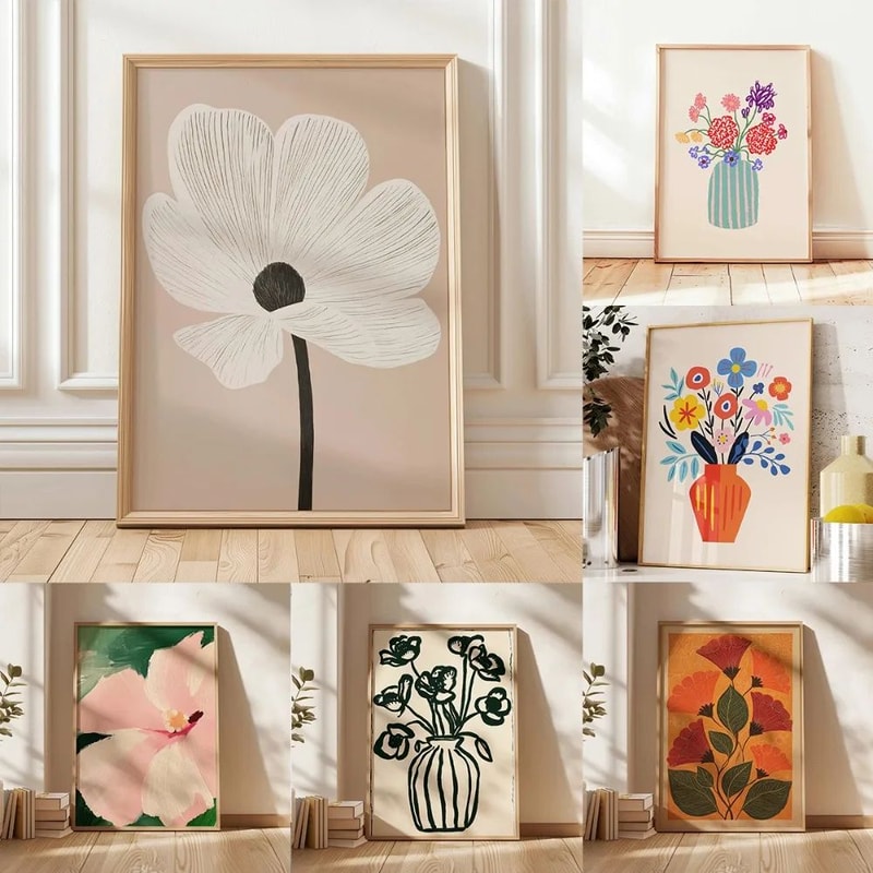Retro Beige Floral Canvas Wall Art Minimalist Botanical Line Print For Modern Home Decor 0