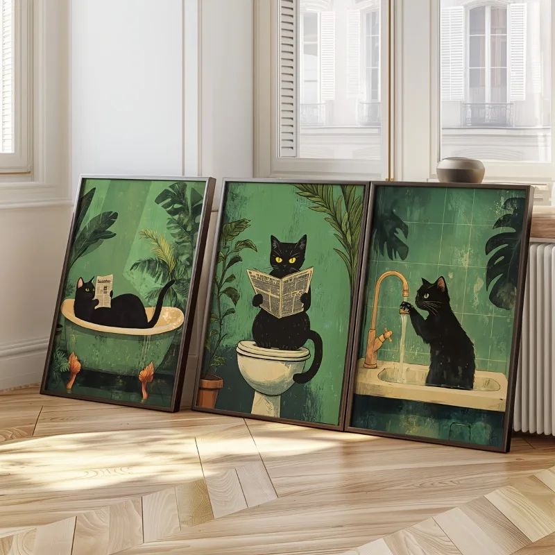 Funny Black Cat Bathroom Canvas Wall Art Set Vintage Toilet Animal Posters For Modern Decor 2