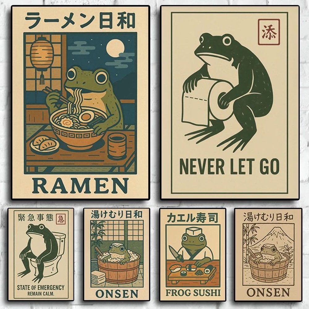 Retro Japanese Frog Bath Canvas Wall Art Funny Sushi Animal Poster For Bathroom Decor 0