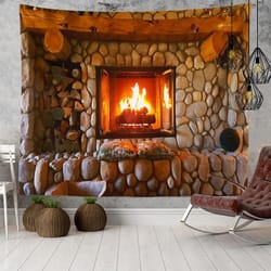 fantasy window scenery wall tapestry – tree hollow & fireplace background hanging decor