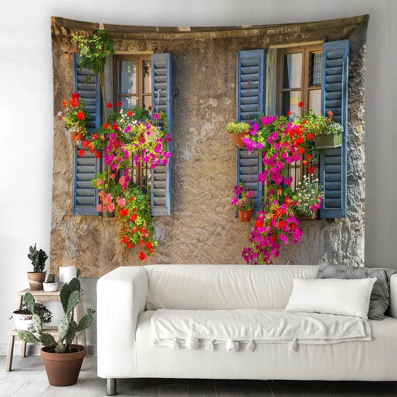 Fantasy Window Scenery Wall Tapestry Tree Hollow Fireplace Background Hanging Decor 1