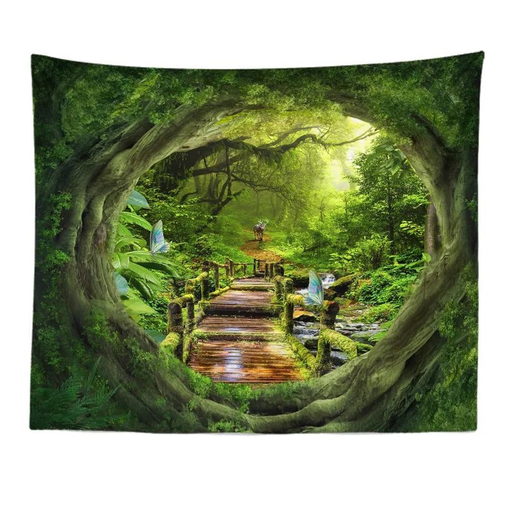 Fantasy Window Scenery Wall Tapestry Tree Hollow Fireplace Background Hanging Decor 2