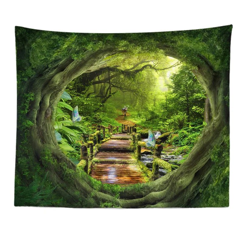 Fantasy Window Scenery Wall Tapestry Tree Hollow Fireplace Background Hanging Decor 2