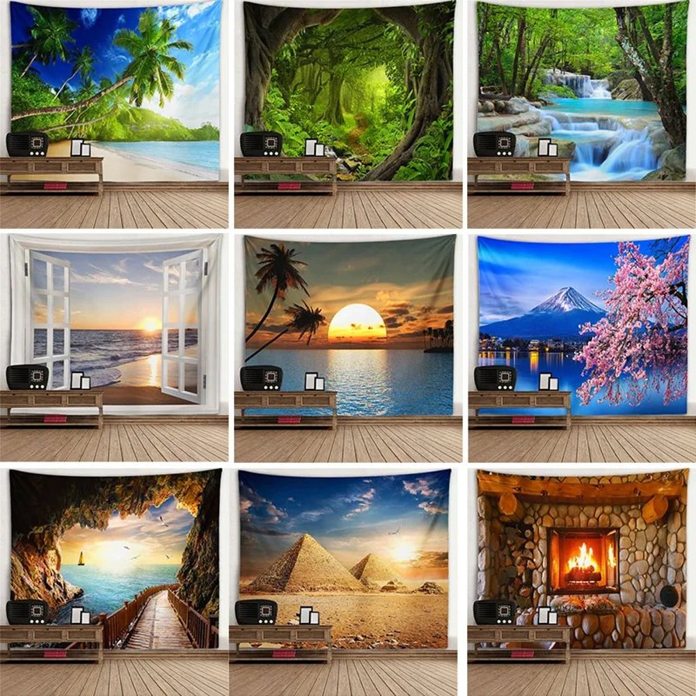 Fantasy Window Scenery Wall Tapestry Tree Hollow Fireplace Background Hanging Decor 3
