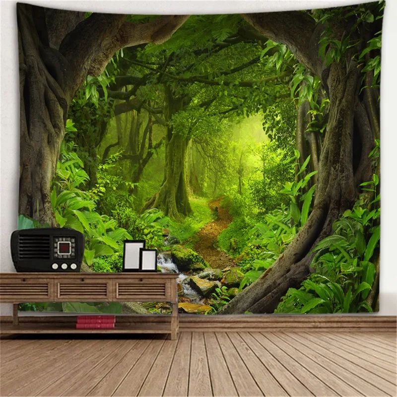 Fantasy Window Scenery Wall Tapestry Tree Hollow Fireplace Background Hanging Decor 4