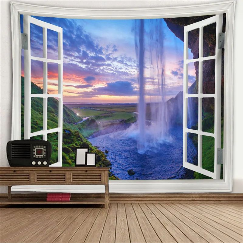 Fantasy Window Scenery Wall Tapestry Tree Hollow Fireplace Background Hanging Decor 5