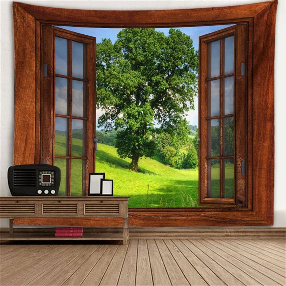 Fantasy Window Scenery Wall Tapestry Tree Hollow Fireplace Background Hanging Decor 6