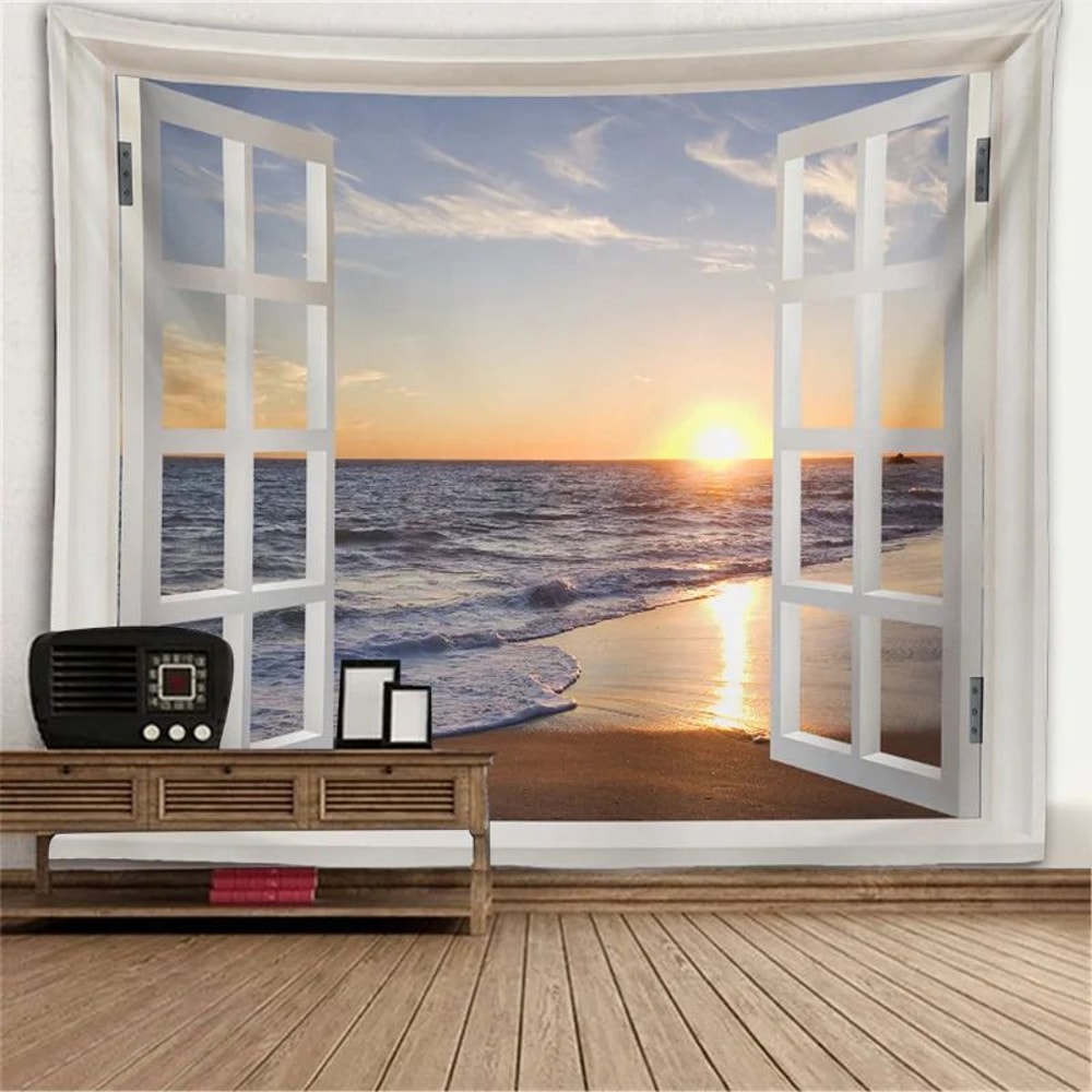 Fantasy Window Scenery Wall Tapestry Tree Hollow Fireplace Background Hanging Decor 7