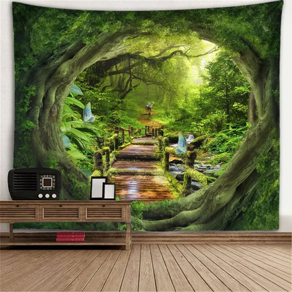Fantasy Window Scenery Wall Tapestry Tree Hollow Fireplace Background Hanging Decor 15