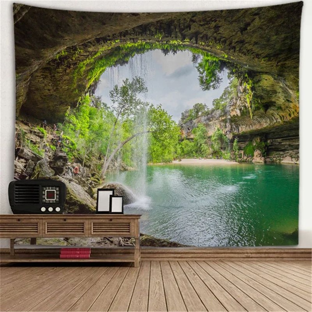 Fantasy Window Scenery Wall Tapestry Tree Hollow Fireplace Background Hanging Decor 17