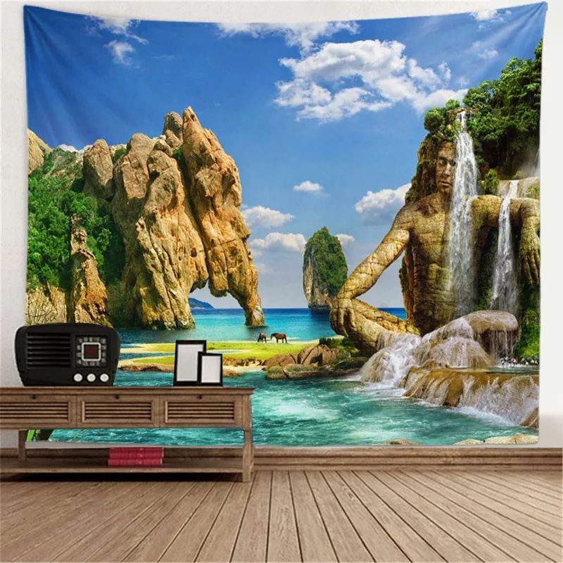 Fantasy Window Scenery Wall Tapestry Tree Hollow Fireplace Background Hanging Decor 20