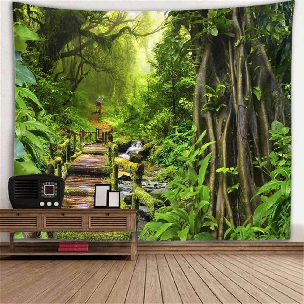 Fantasy Window Scenery Wall Tapestry Tree Hollow Fireplace Background Hanging Decor 21