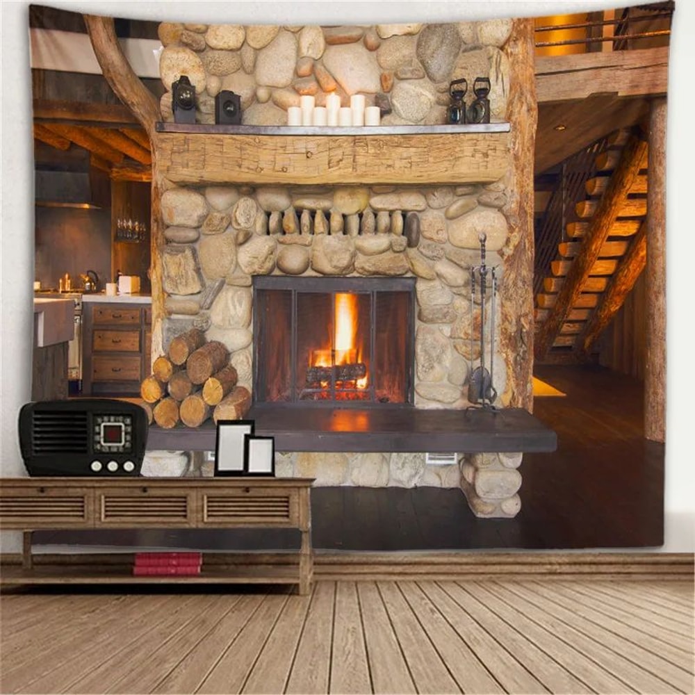 Fantasy Window Scenery Wall Tapestry Tree Hollow Fireplace Background Hanging Decor 24