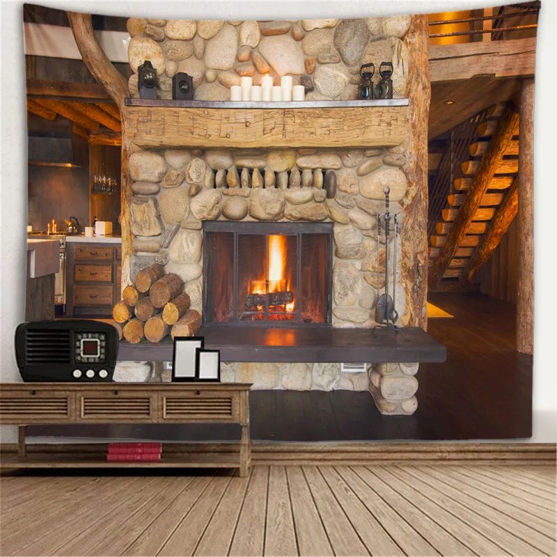 Fantasy Window Scenery Wall Tapestry Tree Hollow Fireplace Background Hanging Decor 24