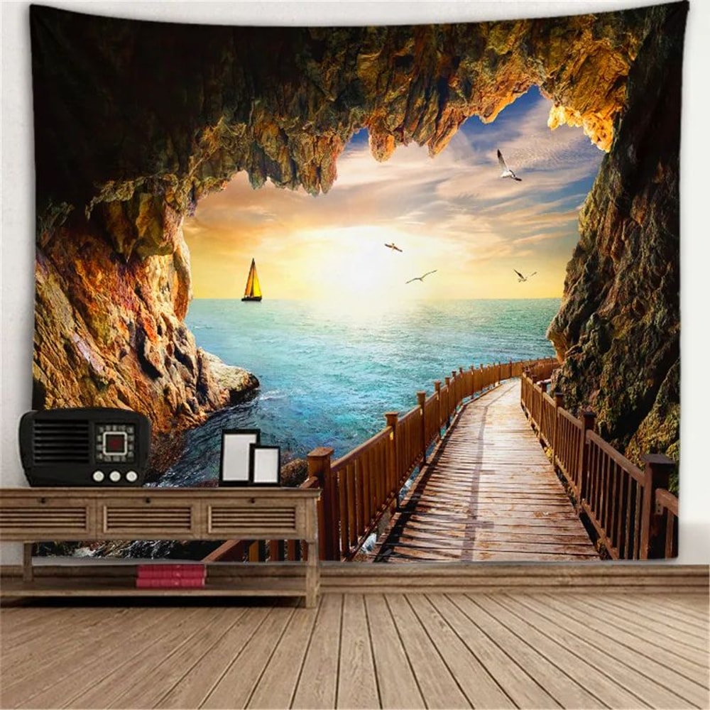 Fantasy Window Scenery Wall Tapestry Tree Hollow Fireplace Background Hanging Decor 25