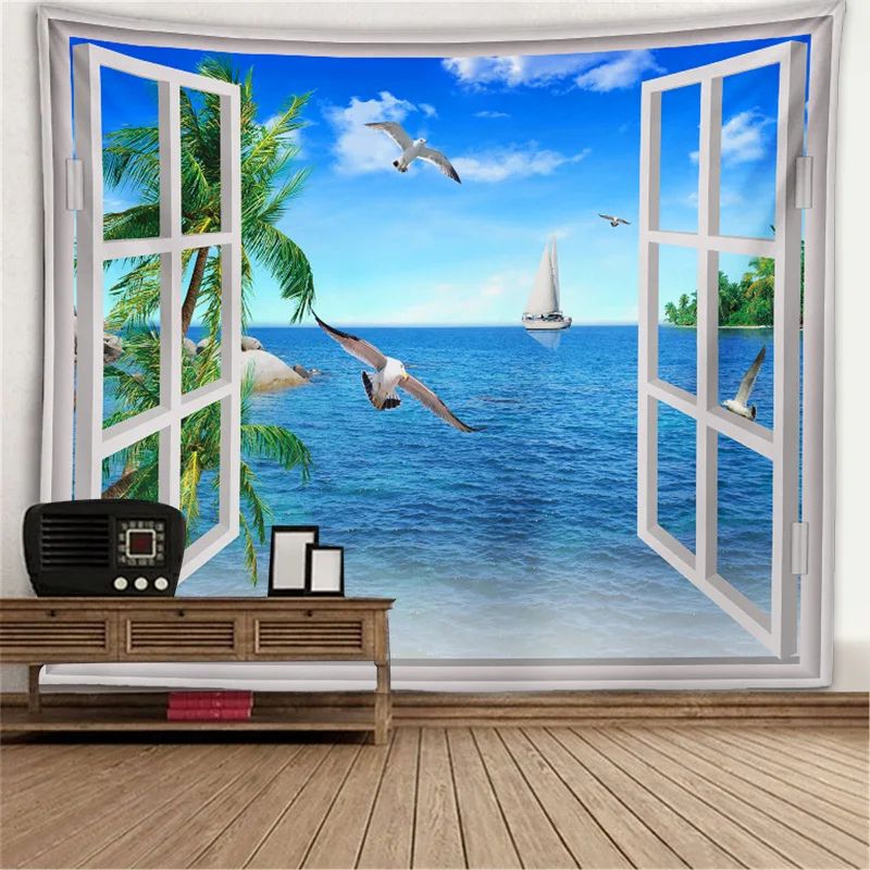 Fantasy Window Scenery Wall Tapestry Tree Hollow Fireplace Background Hanging Decor 26