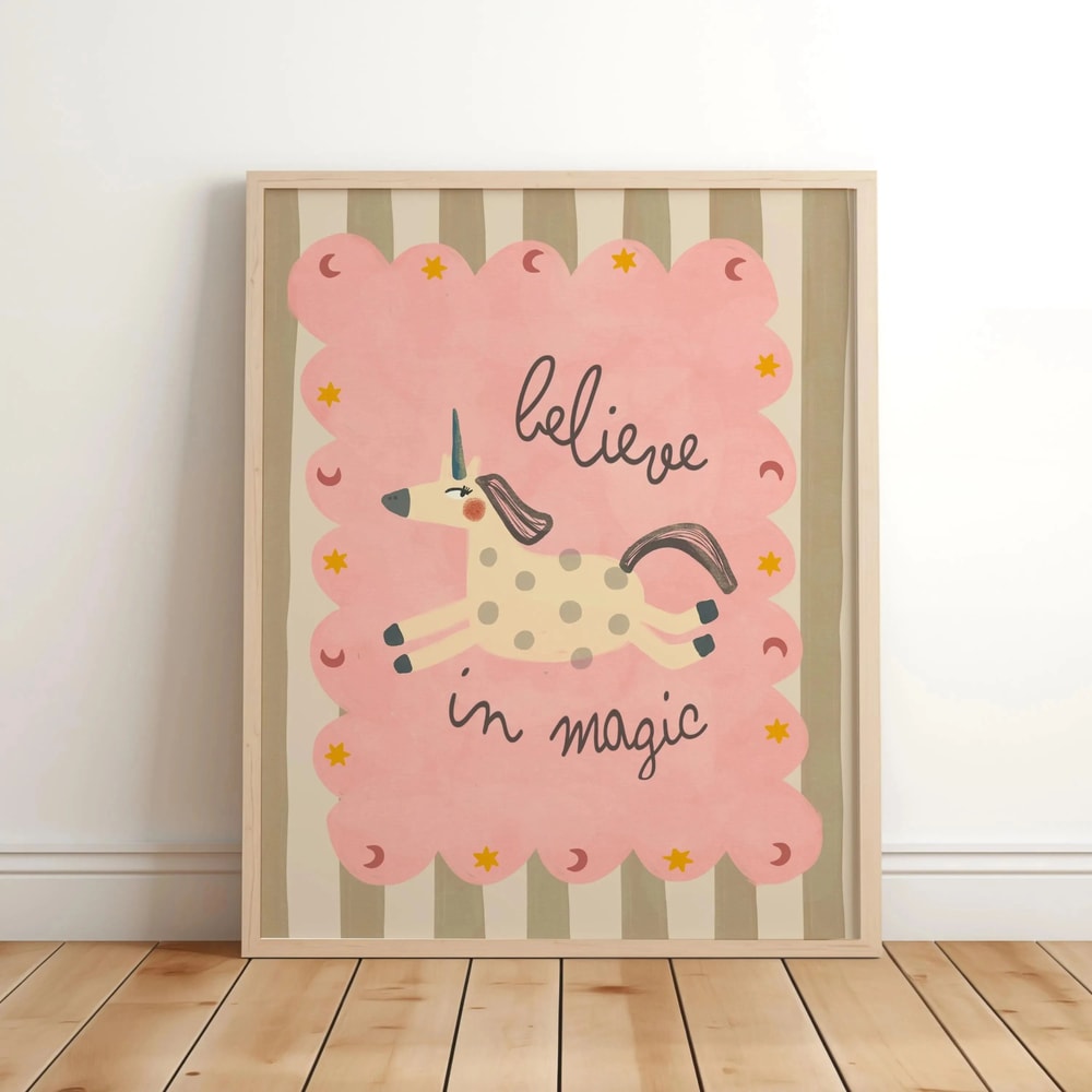 Believe In Magic Unicorn Nursery Wall Art Inspirational Canvas Print For Kids Bedroom Playroom De