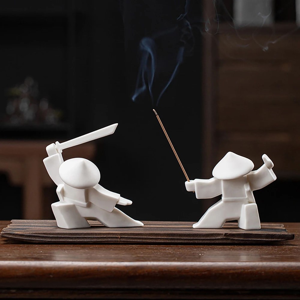 White Ceramic Samurai Figurine Oriental Blanc De Chine Geometric Warrior Sculpture For Home Offic 4