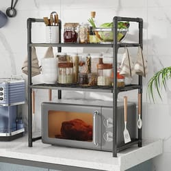multi-purpose kitchen storage rack adjustable microwave oven countertop organizer with hooks