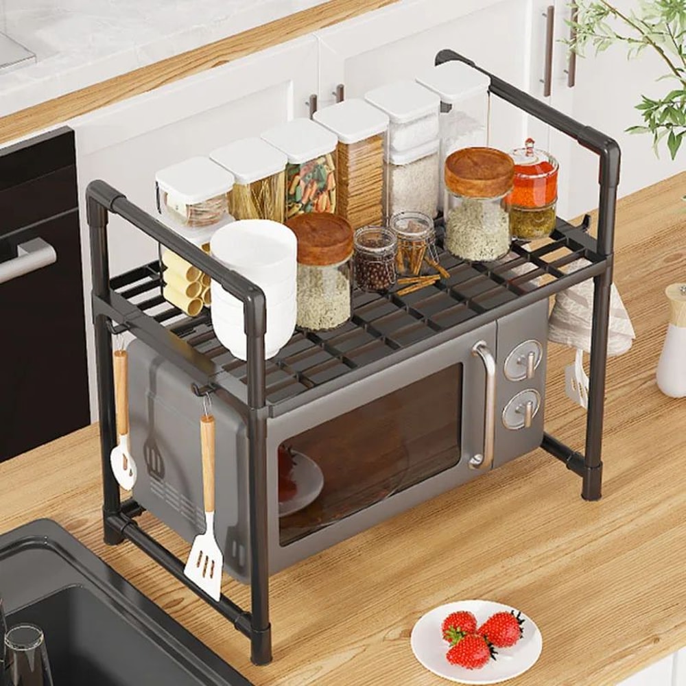 MultiPurpose Kitchen Storage Rack Adjustable Microwave Oven Countertop Organizer With Hooks 4