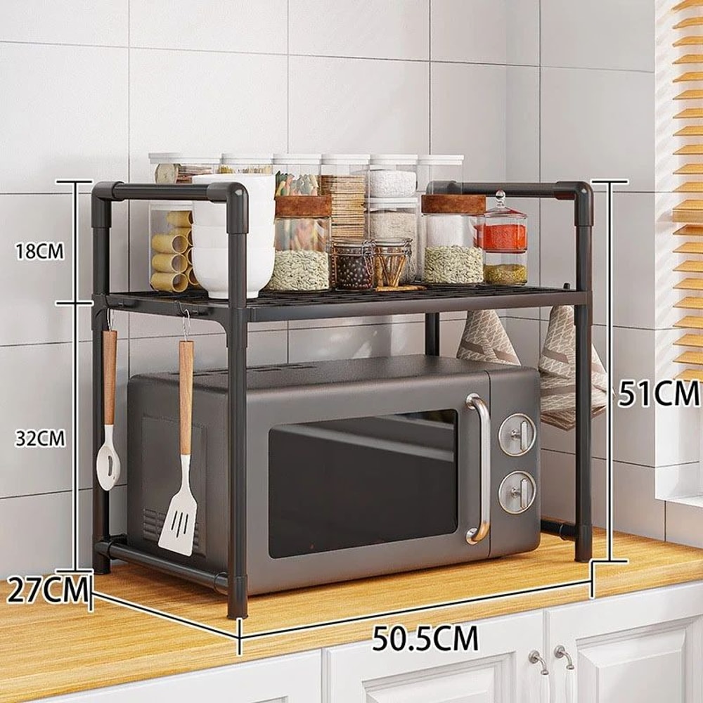 MultiPurpose Kitchen Storage Rack Adjustable Microwave Oven Countertop Organizer With Hooks 6