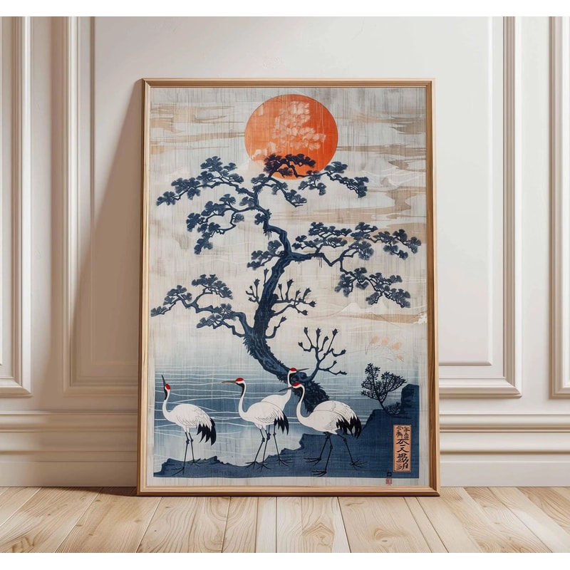 Japanese Crane Ukiyoe Canvas Wall Art Vintage Red Sun Oriental Poster 1