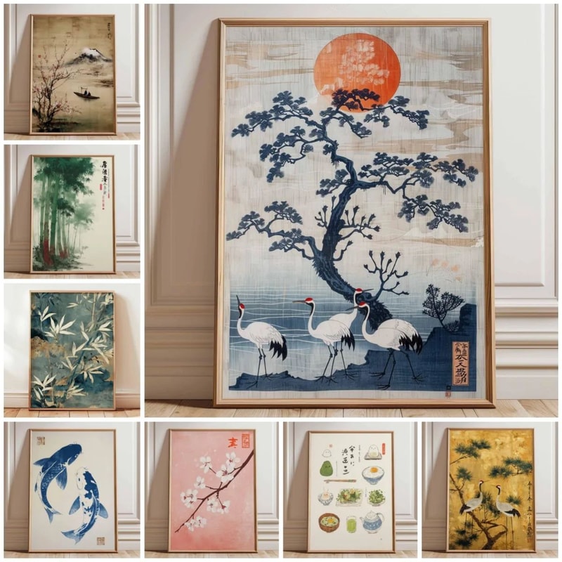 Japanese Crane Ukiyoe Canvas Wall Art Vintage Red Sun Oriental Poster 0
