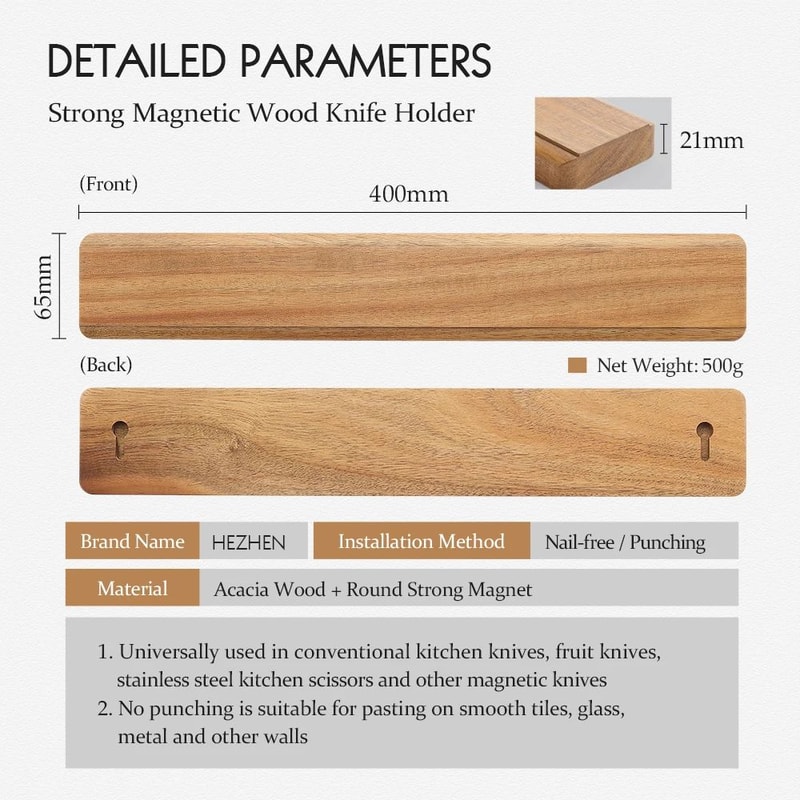 HEZHEN Acacia Wood Magnetic Knife Holder Wall Mounted Kitchen Knife Rack 3