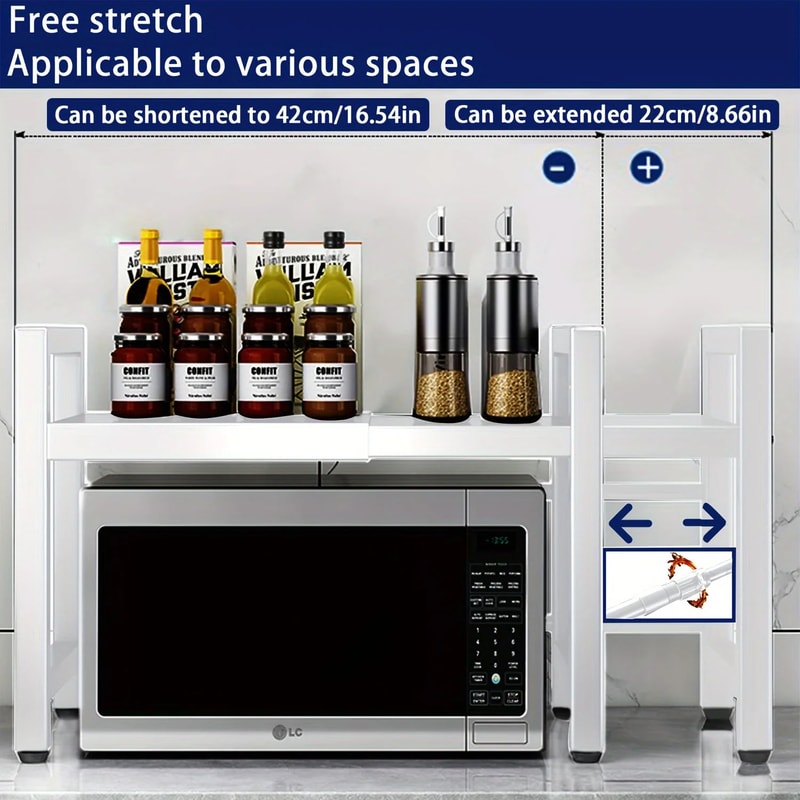 Expandable Microwave Oven Rack Kitchen Storage Shelf With 6 Hooks Organizer Holders 2